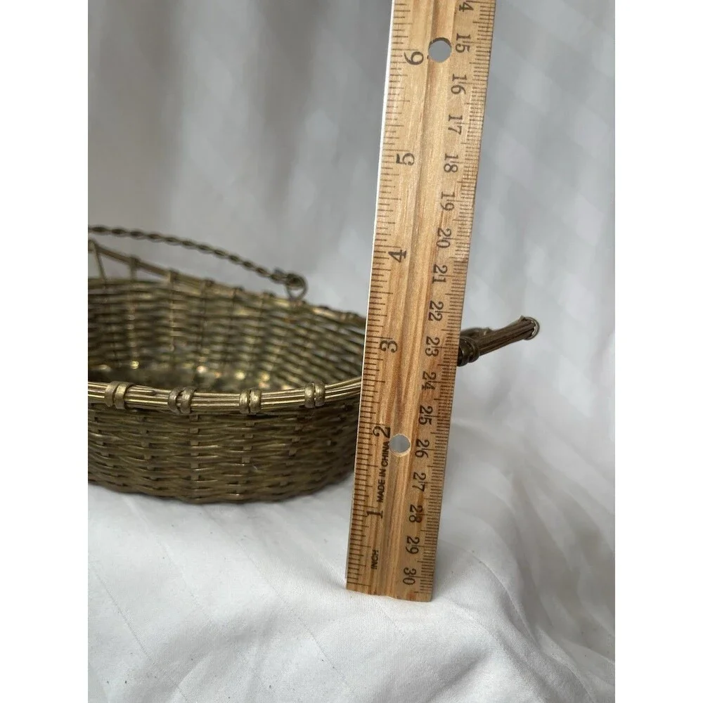 Oval Brass Metal Wire Woven Basket w/ Handle, Made in India, 11in long